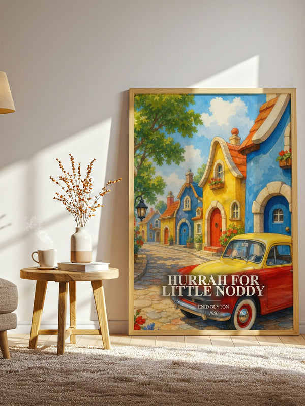 Hurrah For Little Noddy watercolour print in frame leaning in hallway – childrens wall art