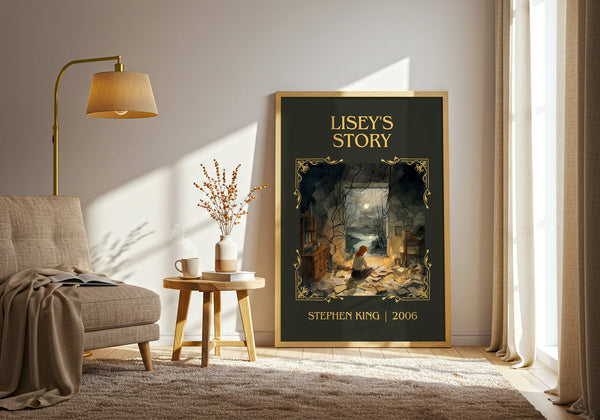Lisey's Story classic book art print in frame leaning in hallway – horror wall art