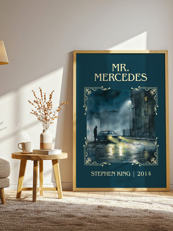 Mr. Mercedes classic book art print in frame leaning in hallway – crime wall art