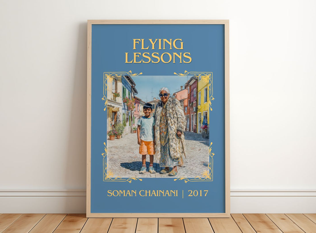 Flying Lessons Classic Book Art Print by Soman Chainani – framed print leaning on a wooden floor