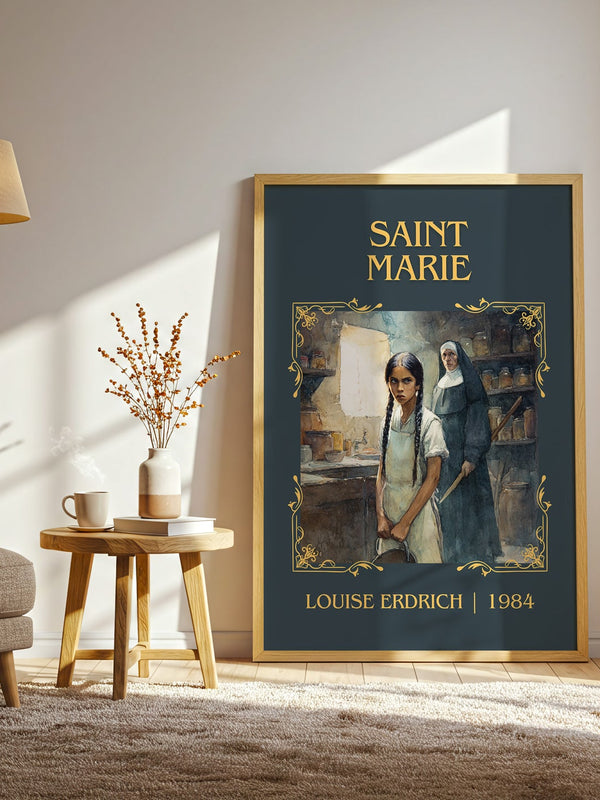 Saint Marie classic book art print in frame leaning in hallway – literary fiction wall art