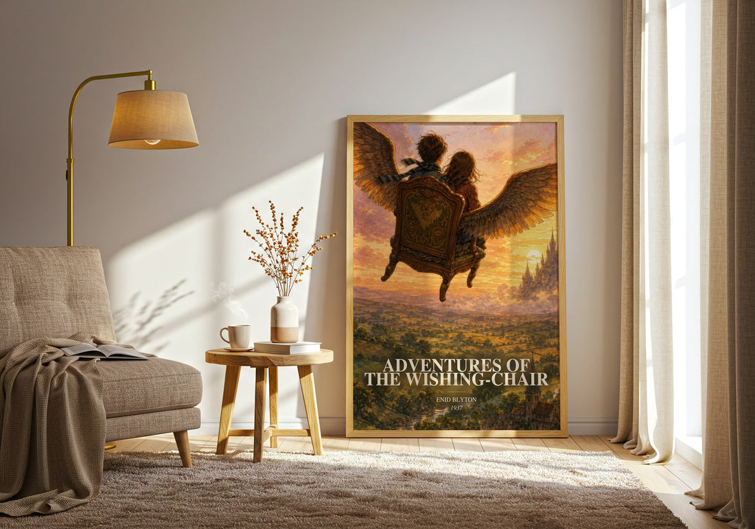 Adventures Of The Wishing-Chair watercolour print in frame leaning in hallway – childrens wall art (mockup)