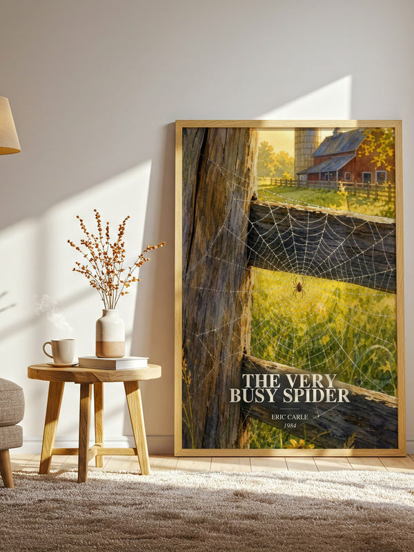 The Very Busy Spider watercolour print in frame leaning in hallway – childrens wall art