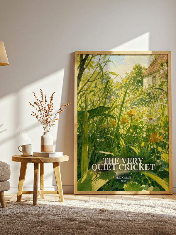 The Very Quiet Cricket watercolour print in frame leaning in hallway – childrens wall art