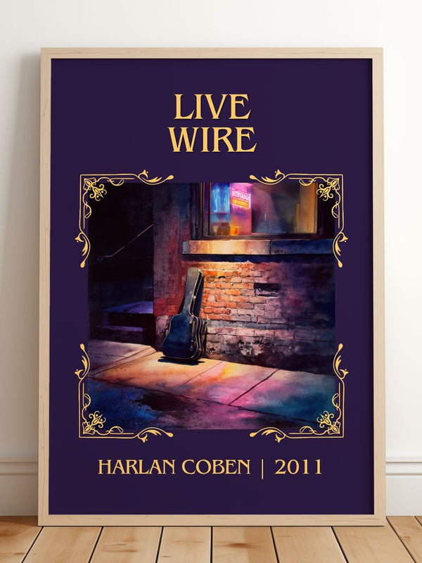 Live Wire Classic Book Art Print by Harlan Coben – framed print leaning on a wooden floor