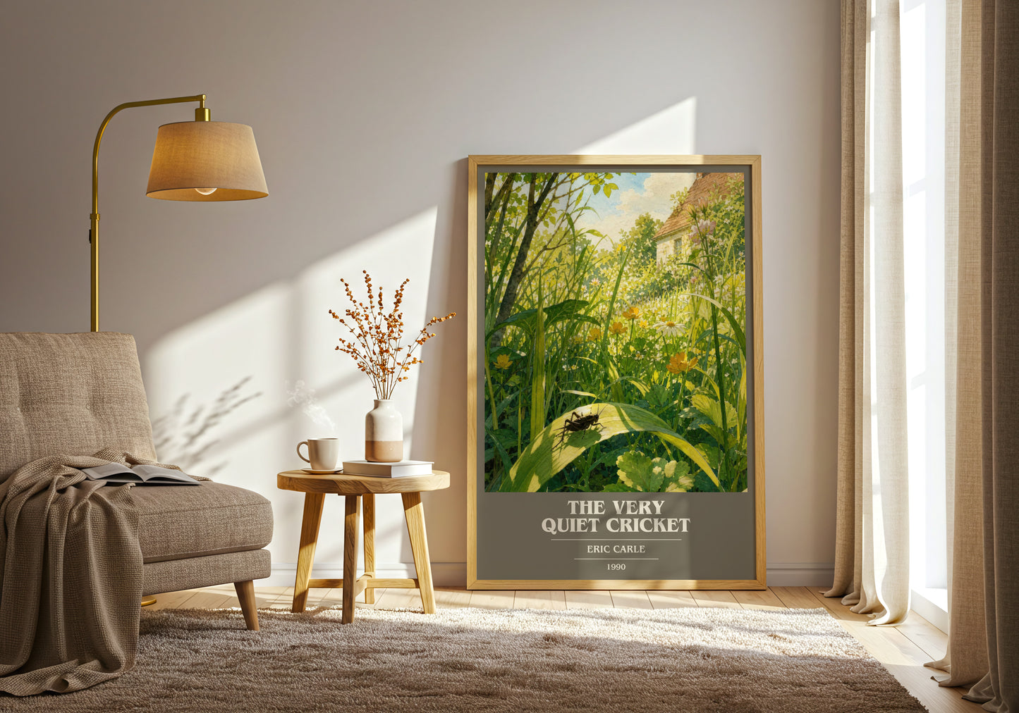 The Very Quiet Cricket book cover print on bookshelf – Eric Carle fan gift