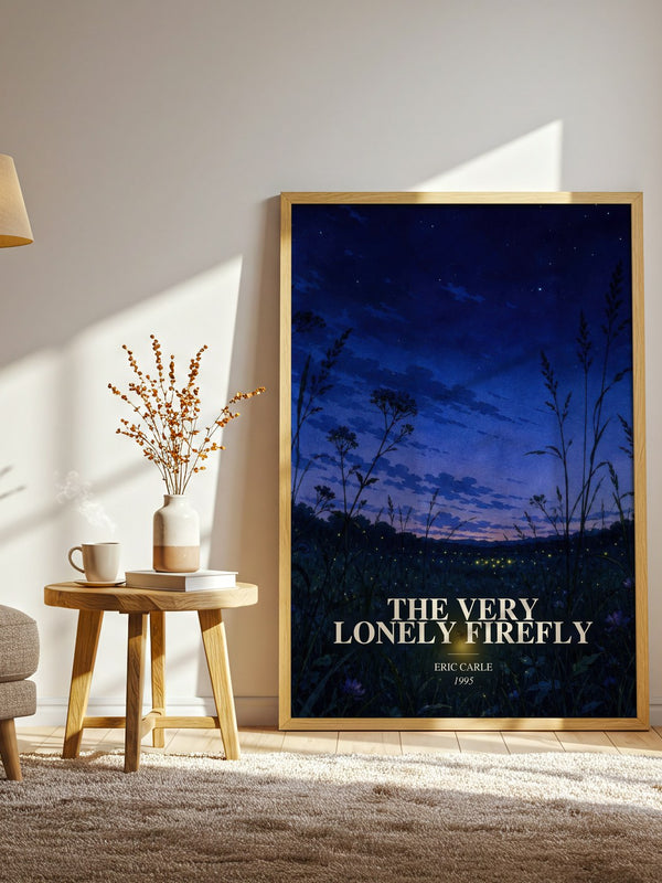 The Very Lonely Firefly watercolour print in frame leaning in hallway – childrens wall art