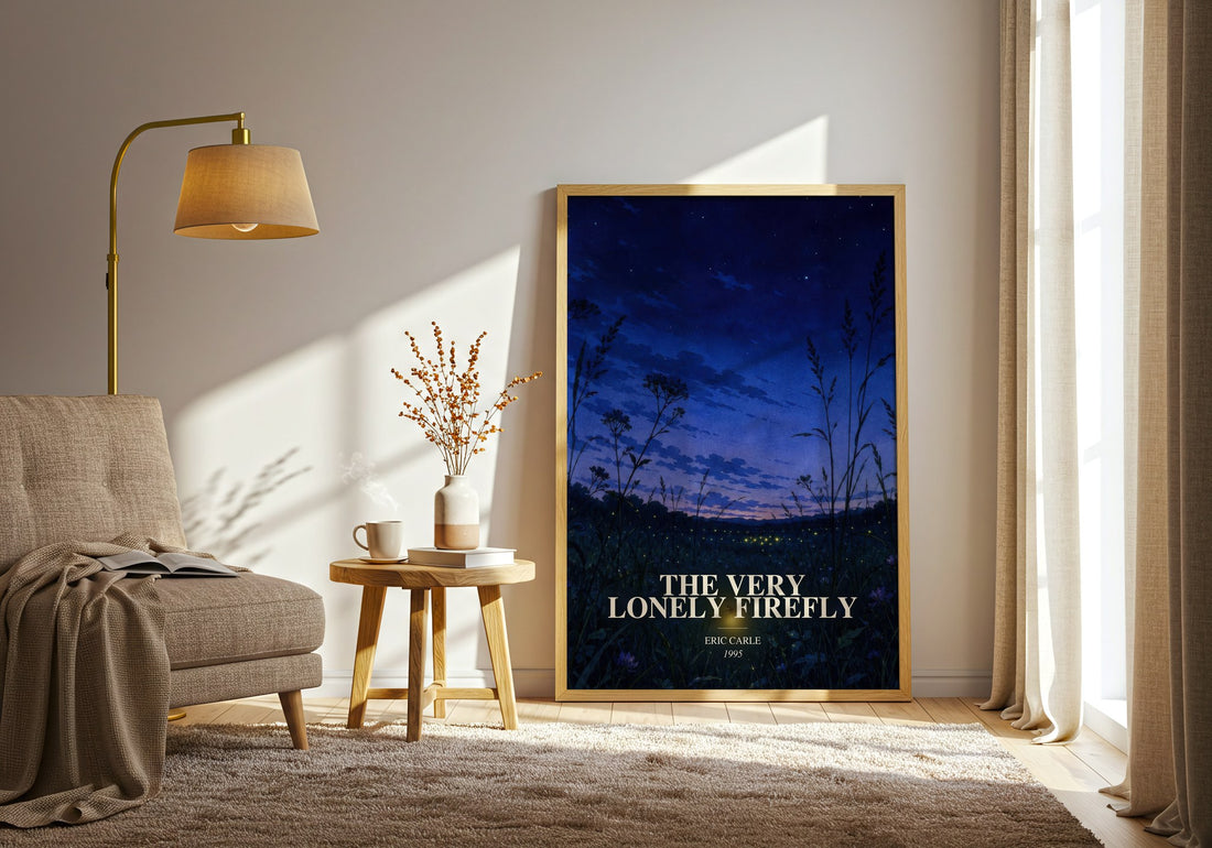 The Very Lonely Firefly watercolour print in frame leaning in hallway – childrens wall art (mockup)