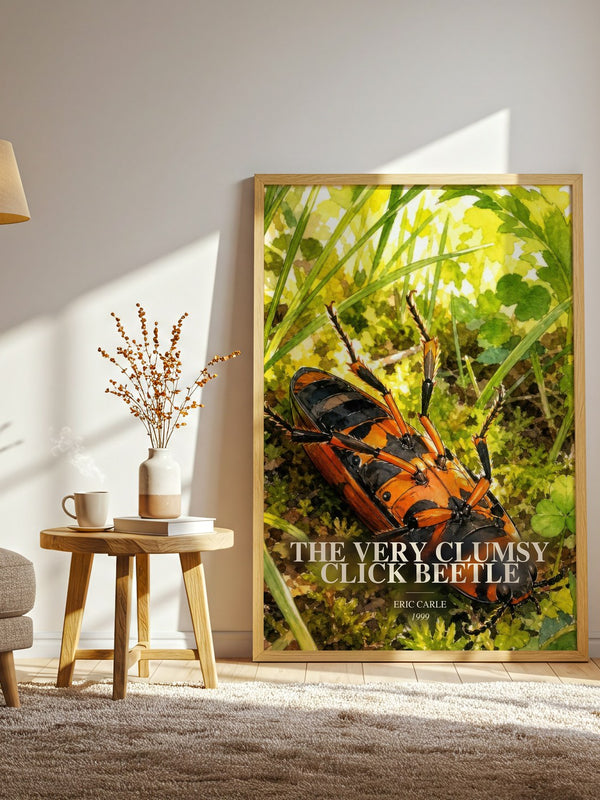 The Very Clumsy Click Beetle watercolour print in frame leaning in hallway – childrens wall art