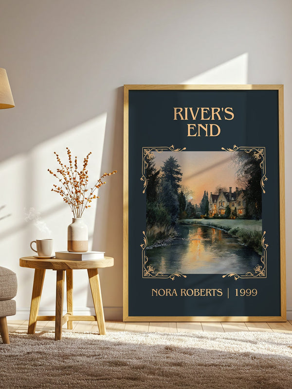 River's End classic book art print in frame leaning in hallway – thriller wall art