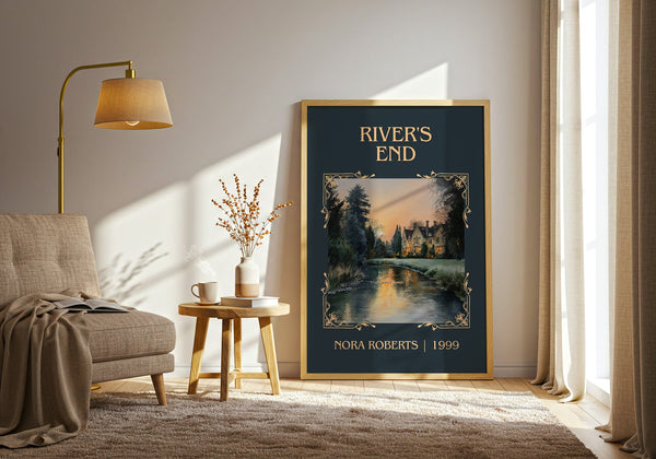 River's End classic book art print in frame leaning in hallway – thriller wall art