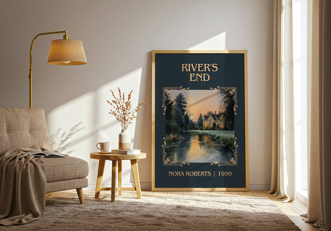 River's End classic book art print in frame leaning in hallway – thriller wall art (mockup)