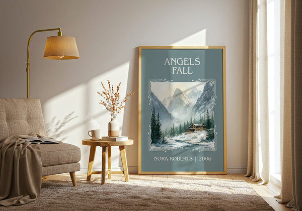 Angels Fall classic book art print in frame leaning in hallway – romance wall art