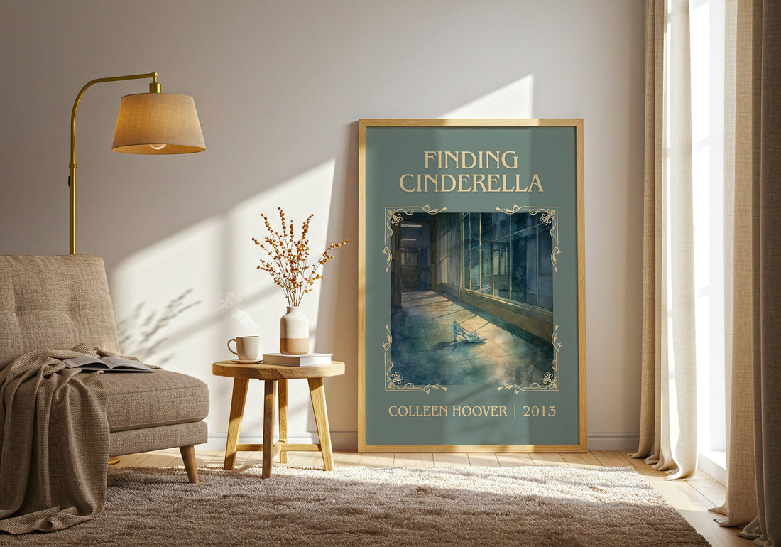 Finding Cinderella classic book art print in frame leaning in hallway – romance wall art (mockup)