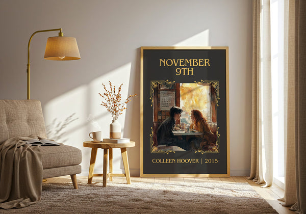 November 9 classic book art print in frame leaning in hallway – romance wall art