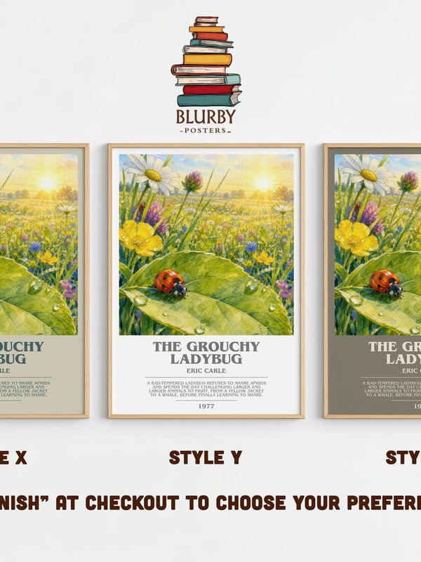 The Grouchy Ladybug bookish print in frame leaning in hallway – childrens wall art
