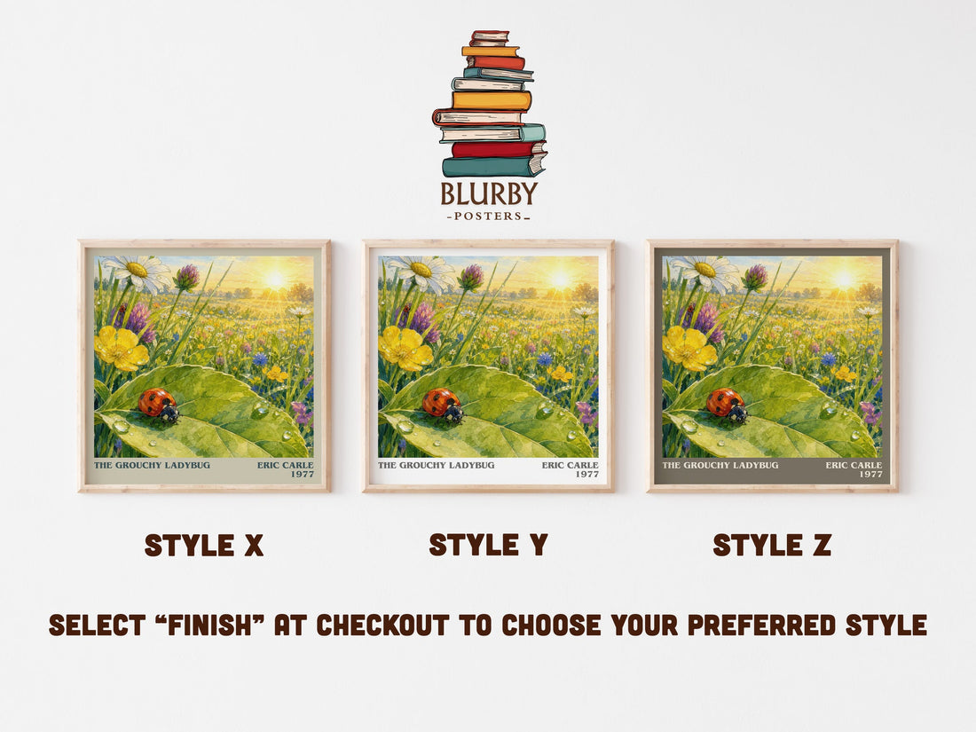 The Grouchy Ladybug literary print in frame leaning in hallway – childrens wall art (mockup)