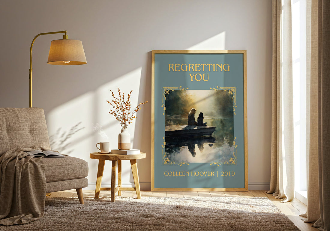 Regretting You classic book art print in frame leaning in hallway – romance wall art (mockup)