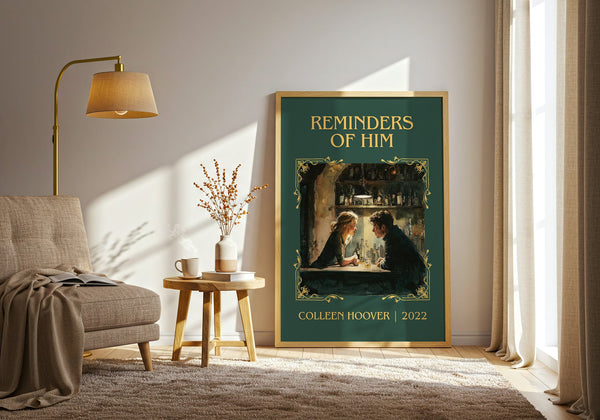 Reminders of Him classic book art print in frame leaning in hallway – romance wall art