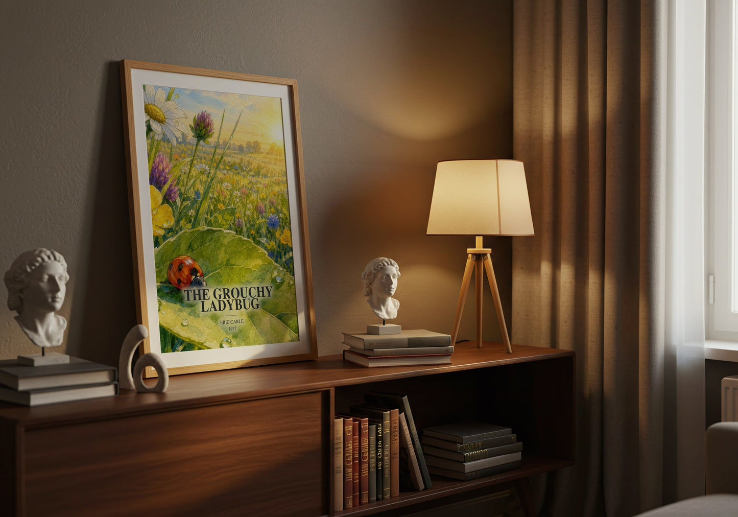 The Grouchy Ladybug watercolour print on bookshelf – Eric Carle fan gift
