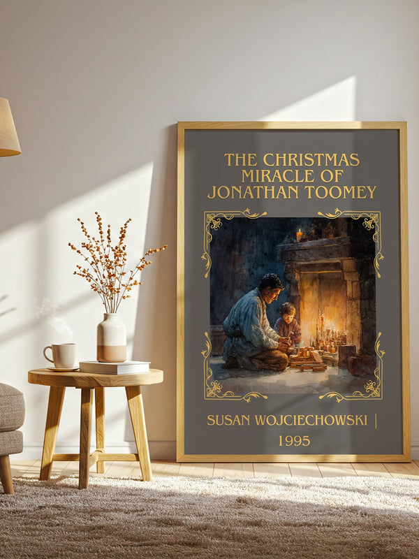 The Christmas Miracle of Jonathan Toomey classic book art print in frame leaning in hallway – childrens wall art