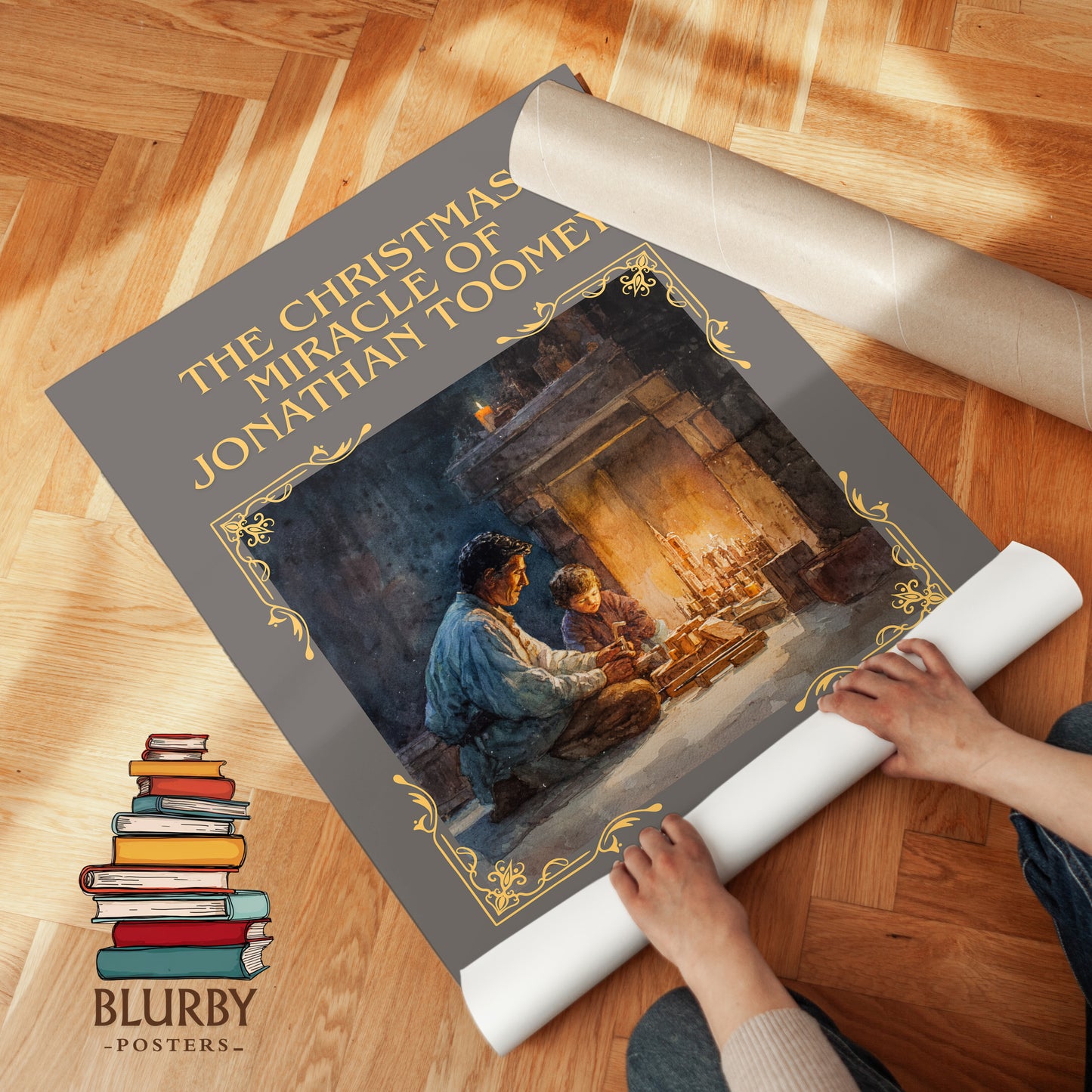 The Christmas Miracle of Jonathan Toomey classic book art print on bookshelf – Susan Wojciechowski fan gift