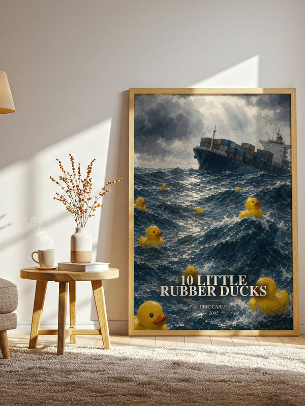 10 Little Rubber Ducks watercolour print in frame leaning in hallway – childrens wall art