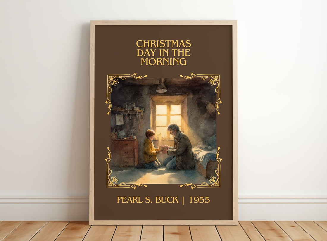 Christmas Day In The Morning Classic Book Art Print by Pearl S. Buck – framed print leaning on a wooden floor
