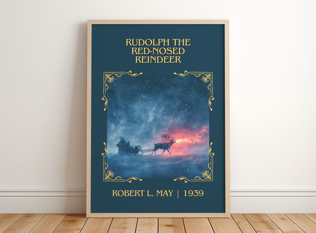 Rudolph The Red-Nosed Reindeer Classic Book Art Print by Robert L. May – framed print leaning on a wooden floor