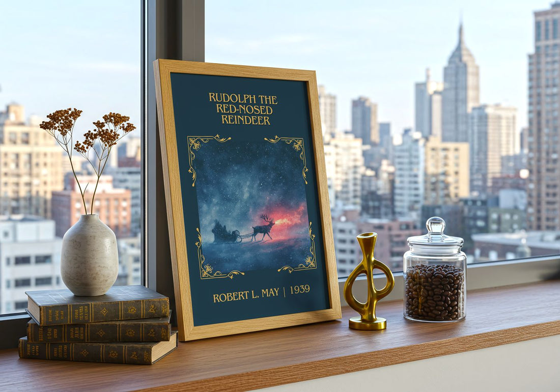 Rudolph The Red-Nosed Reindeer Classic Book Art Print by Robert L. May – framed print on a city-view windowsill