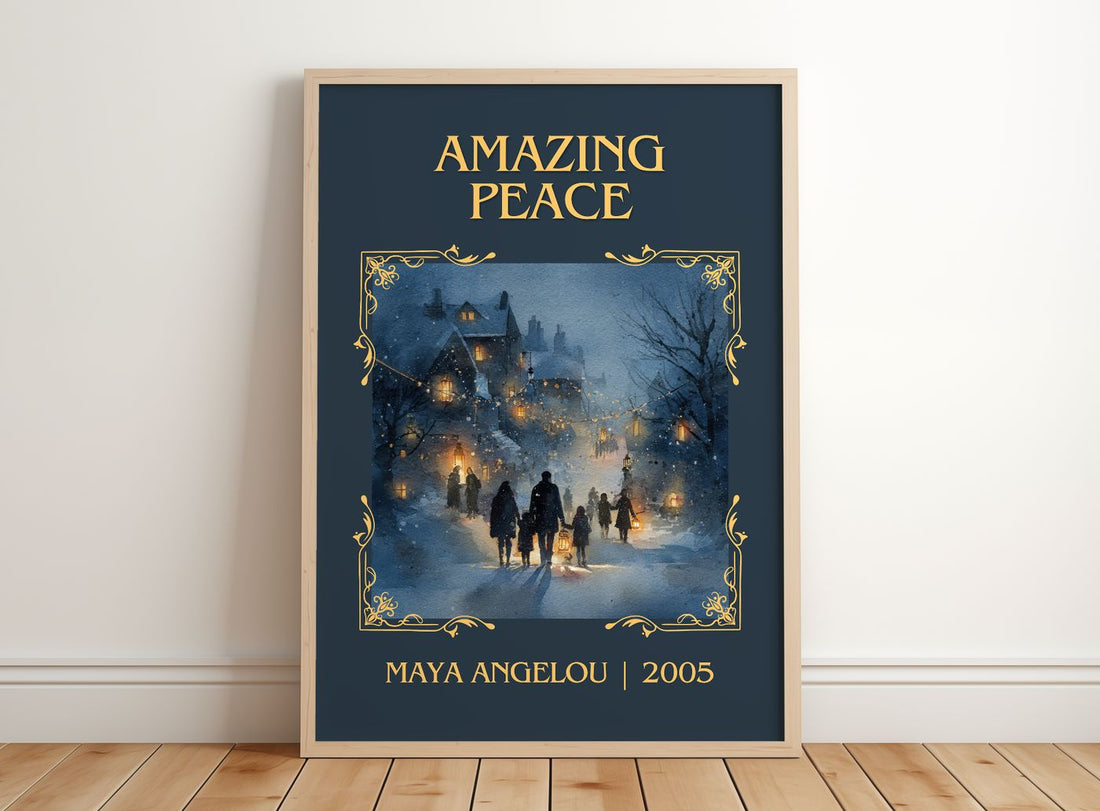 Amazing Peace Classic Book Art Print by Maya Angelou – framed print leaning on a wooden floor