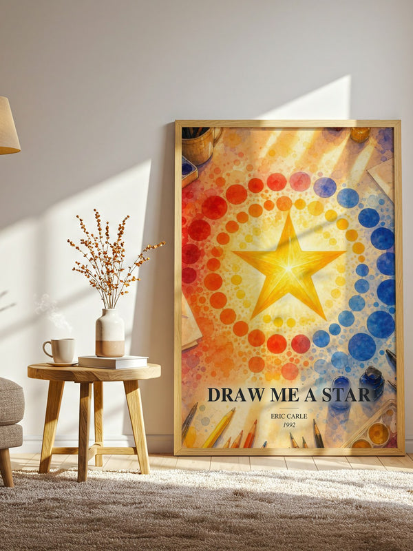 Draw Me A Star watercolour print in frame leaning in hallway – childrens wall art