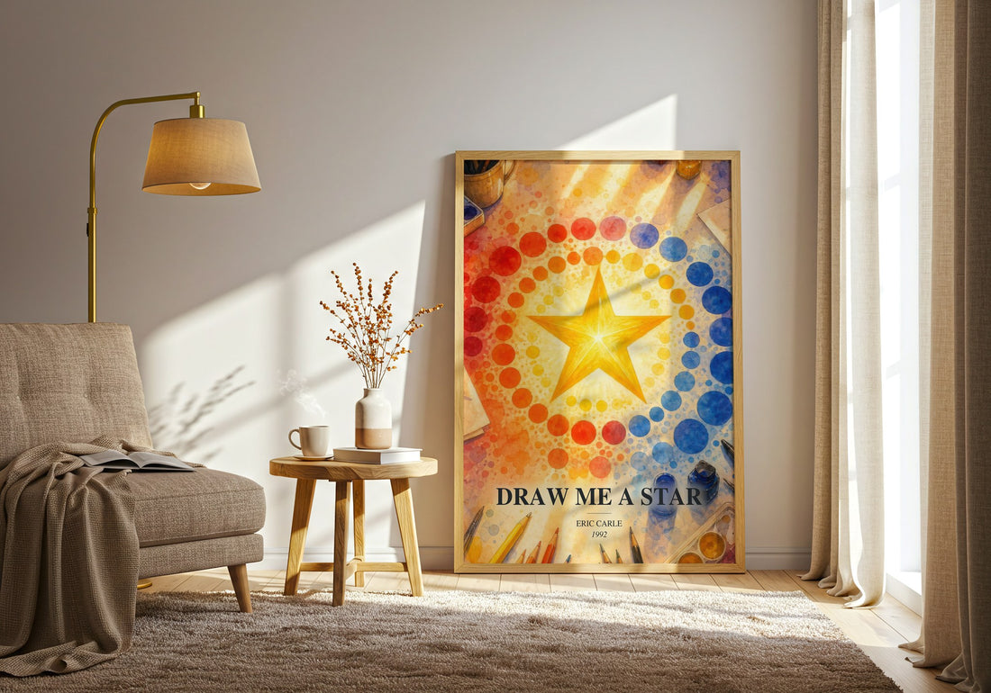 Draw Me A Star watercolour print in frame leaning in hallway – childrens wall art (mockup)