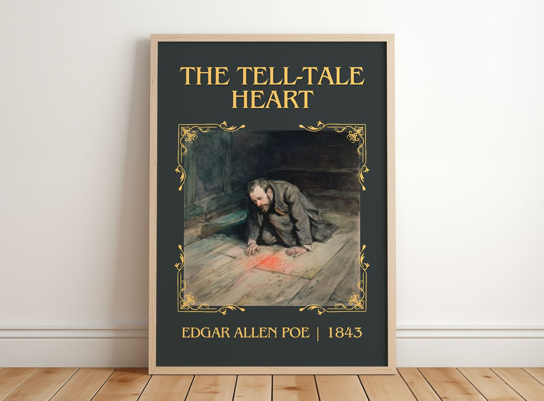 The Tell-Tale Heart classic book art print in frame leaning in hallway – horror wall art