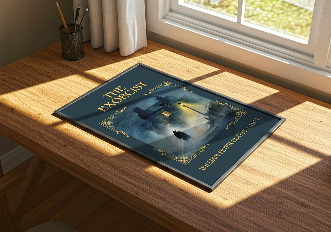 The Exorcist Classic Book Art Print by William Peter Blatty – print on a sunlit desk