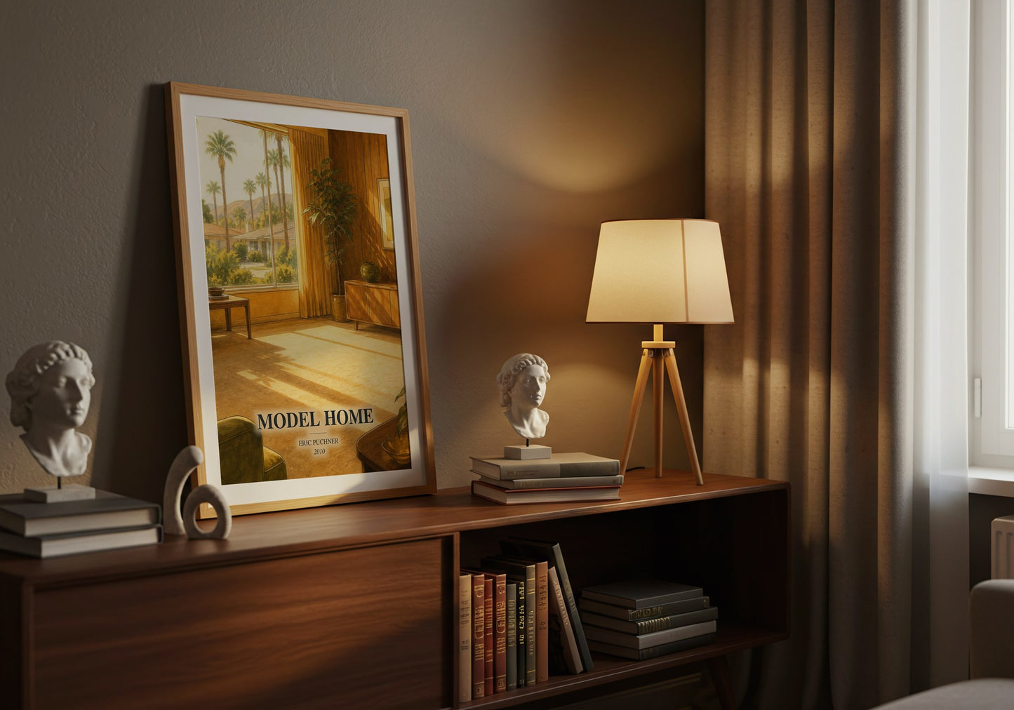 Model Home watercolour print on bookshelf – Eric Puchner fan gift