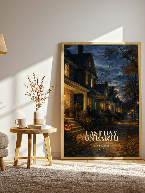 Last Day On Earth watercolour print in frame leaning in hallway – literary fiction wall art