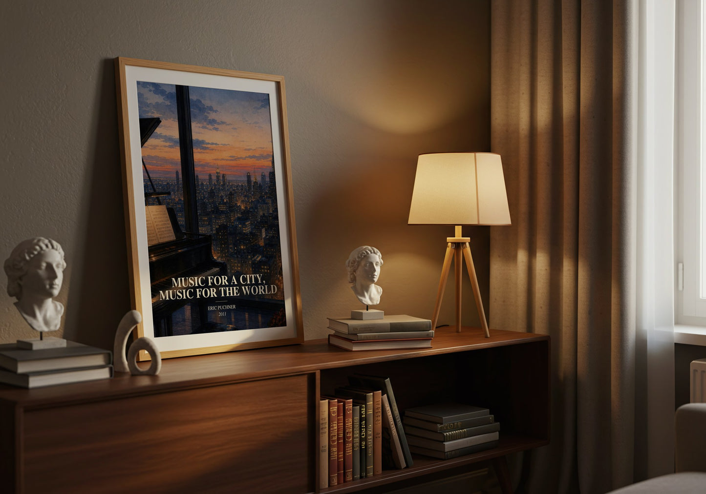 Music For A City, Music For The World watercolour print on bookshelf – Eric Puchner fan gift