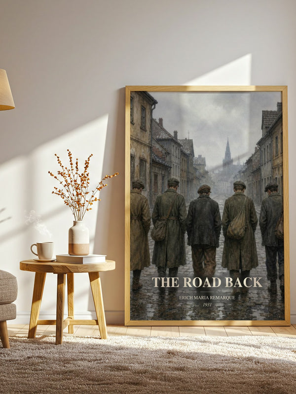 The Road Back watercolour print in frame leaning in hallway – historical fiction wall art