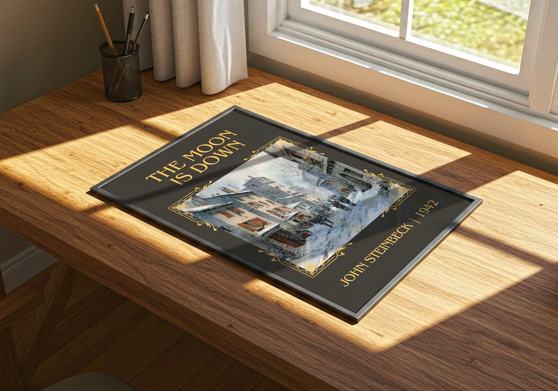 The Moon Is Down Classic Book Art Print by John Steinbeck – print on a sunlit desk