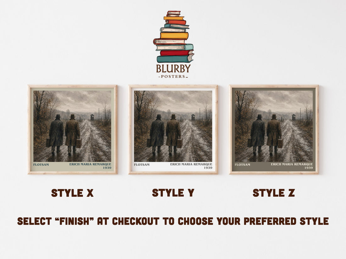 Flotsam literary print in frame leaning in hallway – historical fiction wall art (mockup)