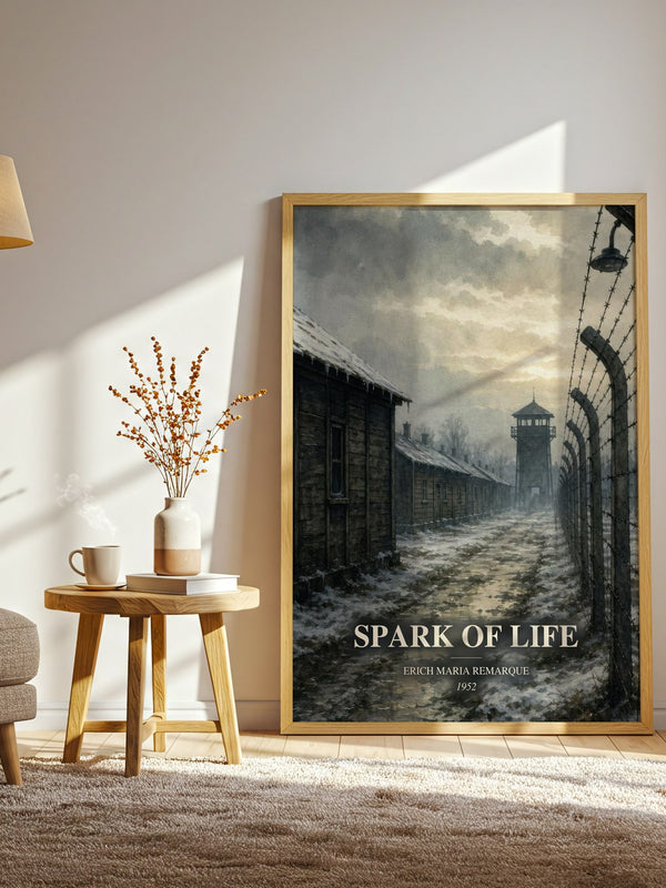 Spark Of Life watercolour print in frame leaning in hallway – historical fiction wall art