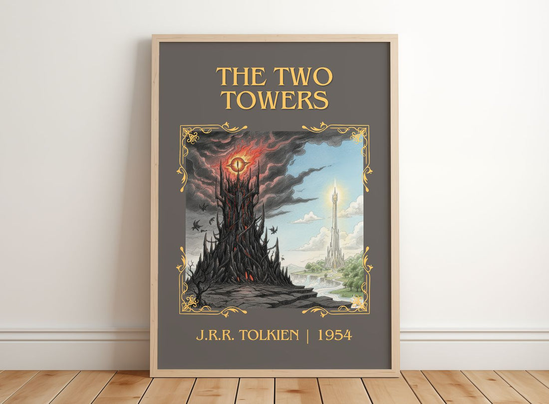 The Two Towers Classic Book Art Print by J.R.R. Tolkien – framed print leaning on a wooden floor