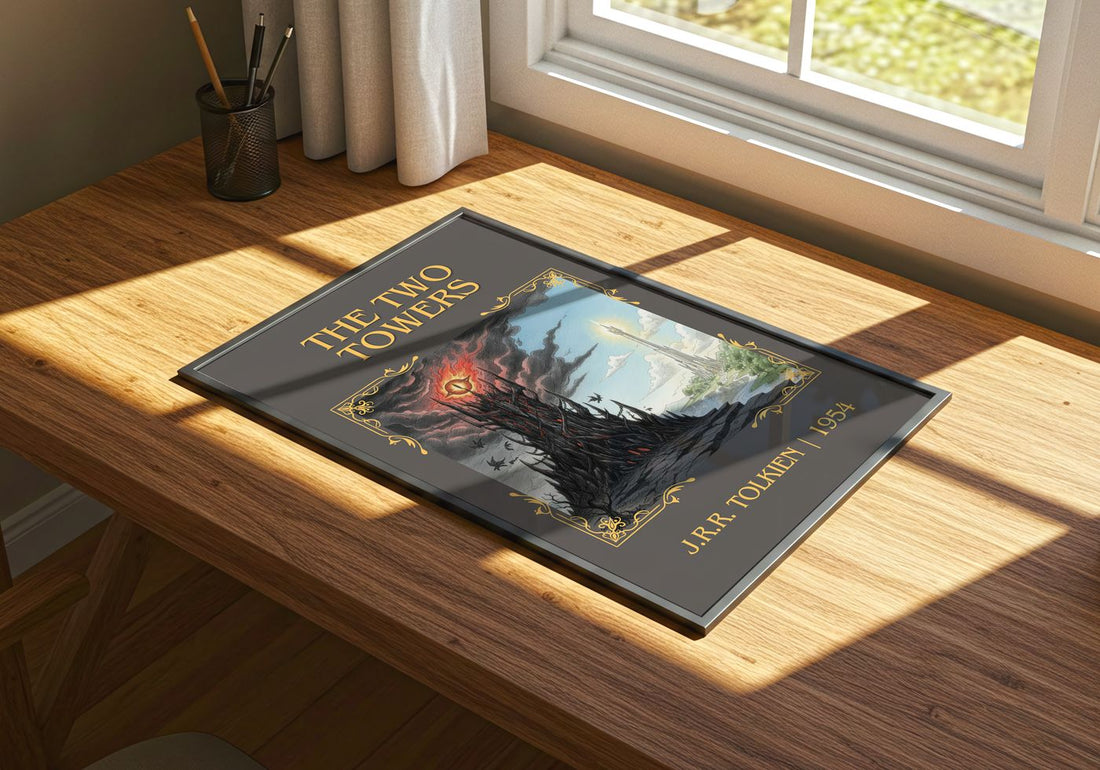 The Two Towers Classic Book Art Print by J.R.R. Tolkien – print on a sunlit desk