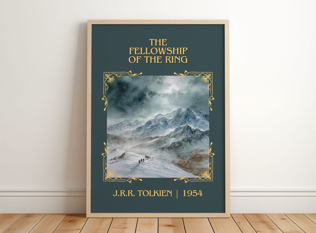 The Fellowship Of The Ring Classic Book Art Print by J.R.R. Tolkien – framed print leaning on a wooden floor