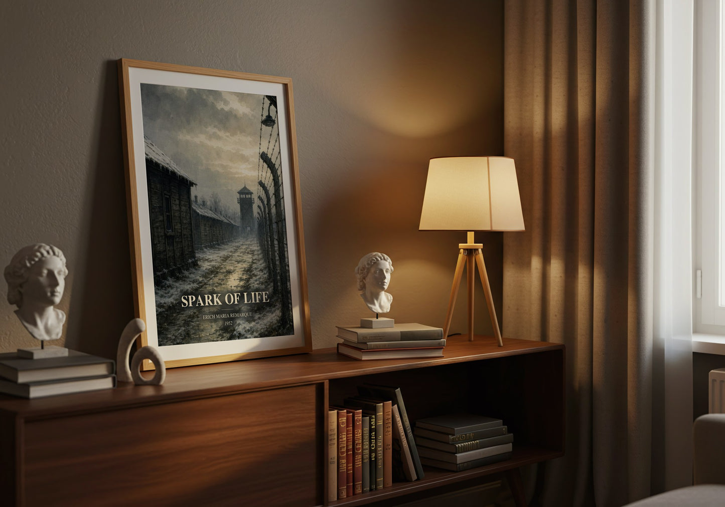 Spark Of Life watercolour print on bookshelf – Erich Maria Remarque fan gift
