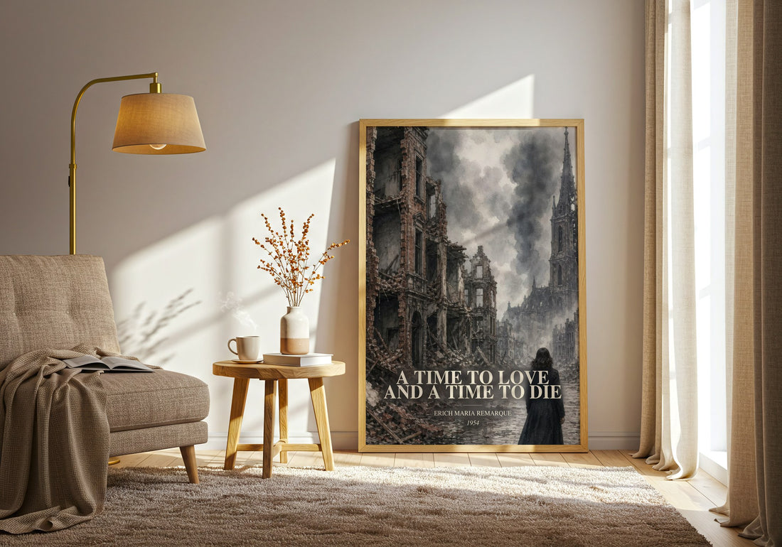 A Time To Love And A Time To Die watercolour print in frame leaning in hallway – historical fiction wall art (mockup)