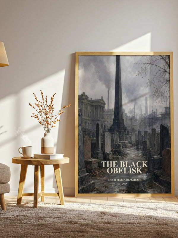 The Black Obelisk watercolour print in frame leaning in hallway – historical fiction wall art