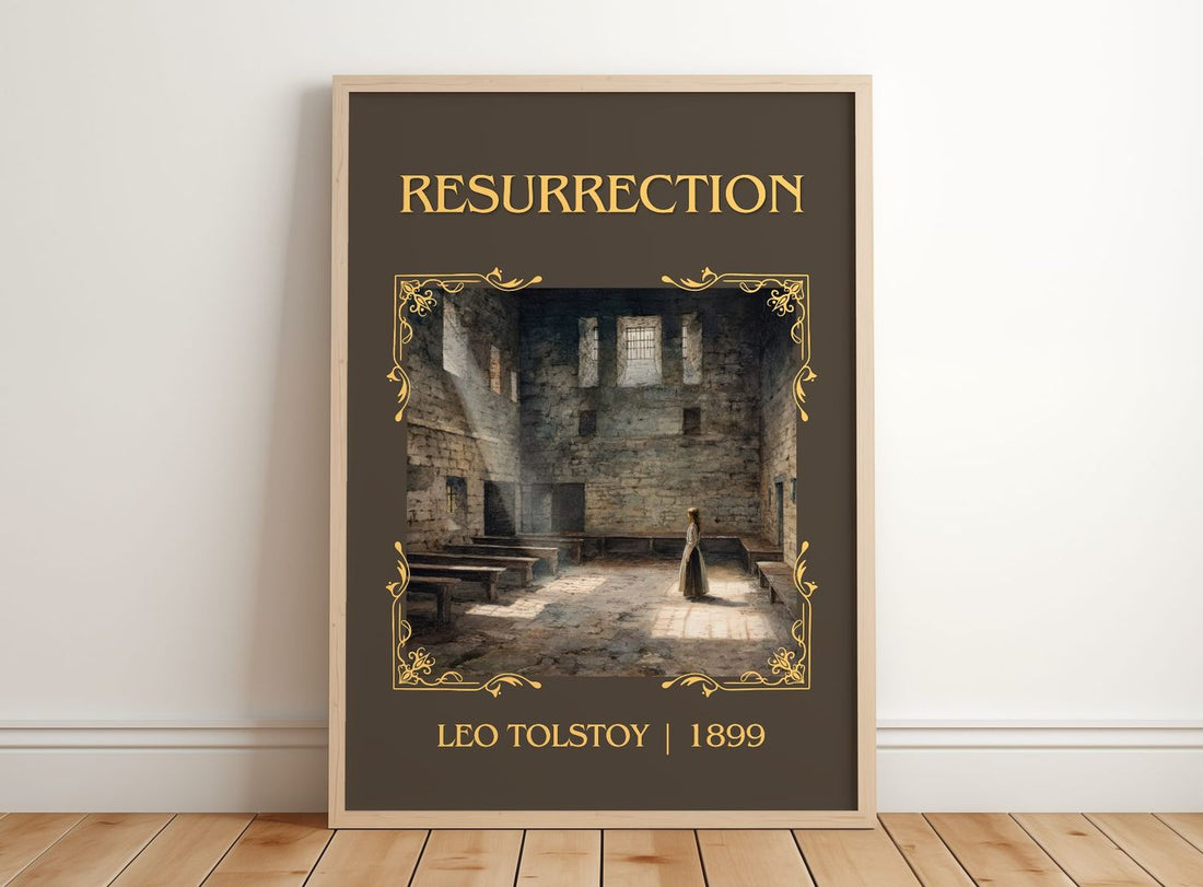 Resurrection Classic Book Art Print by Leo Tolstoy – framed print leaning on a wooden floor