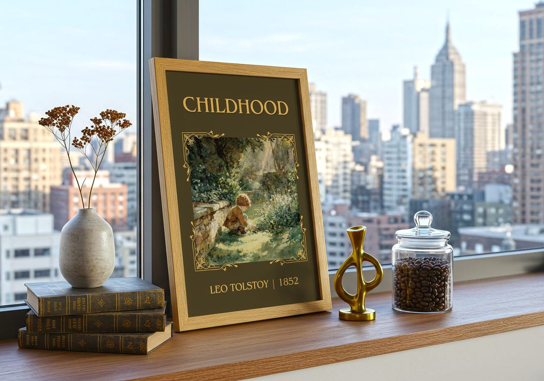 Childhood Classic Book Art Print by Leo Tolstoy – framed print on a city-view windowsill